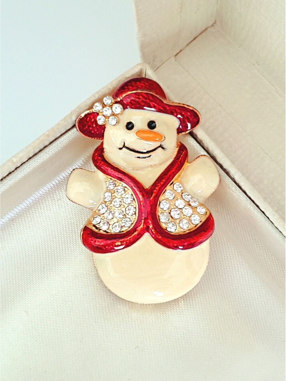 Vintage Eisenberg Ice Cream and Red Enamel and Rhinestone Snowman Brooch